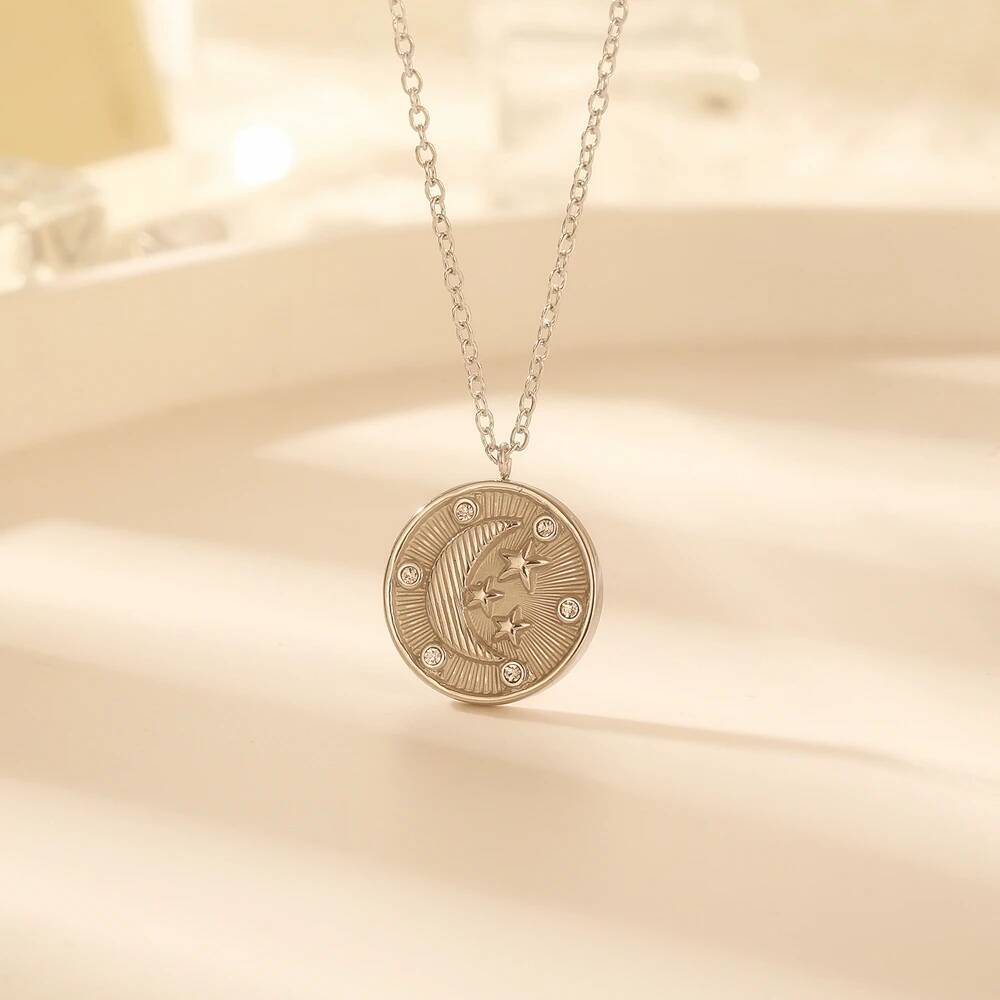 Coin Necklace Delicate - Stainless Steel Women Delicate Cz Stone