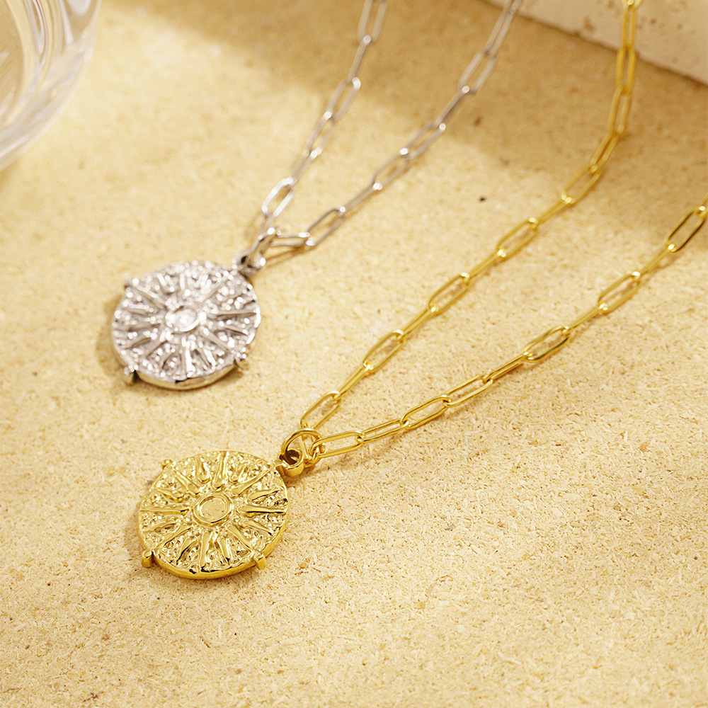 Stainless Steel Round Sun Coin - Coin Necklace Delicate 评论和价格